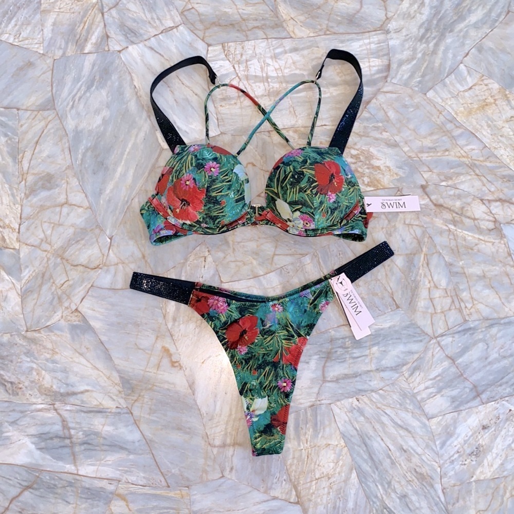 2 Pc Set Victoria's Secret 32A BOMBSHELL BIKINI Small THONG Bottoms Shine Strap